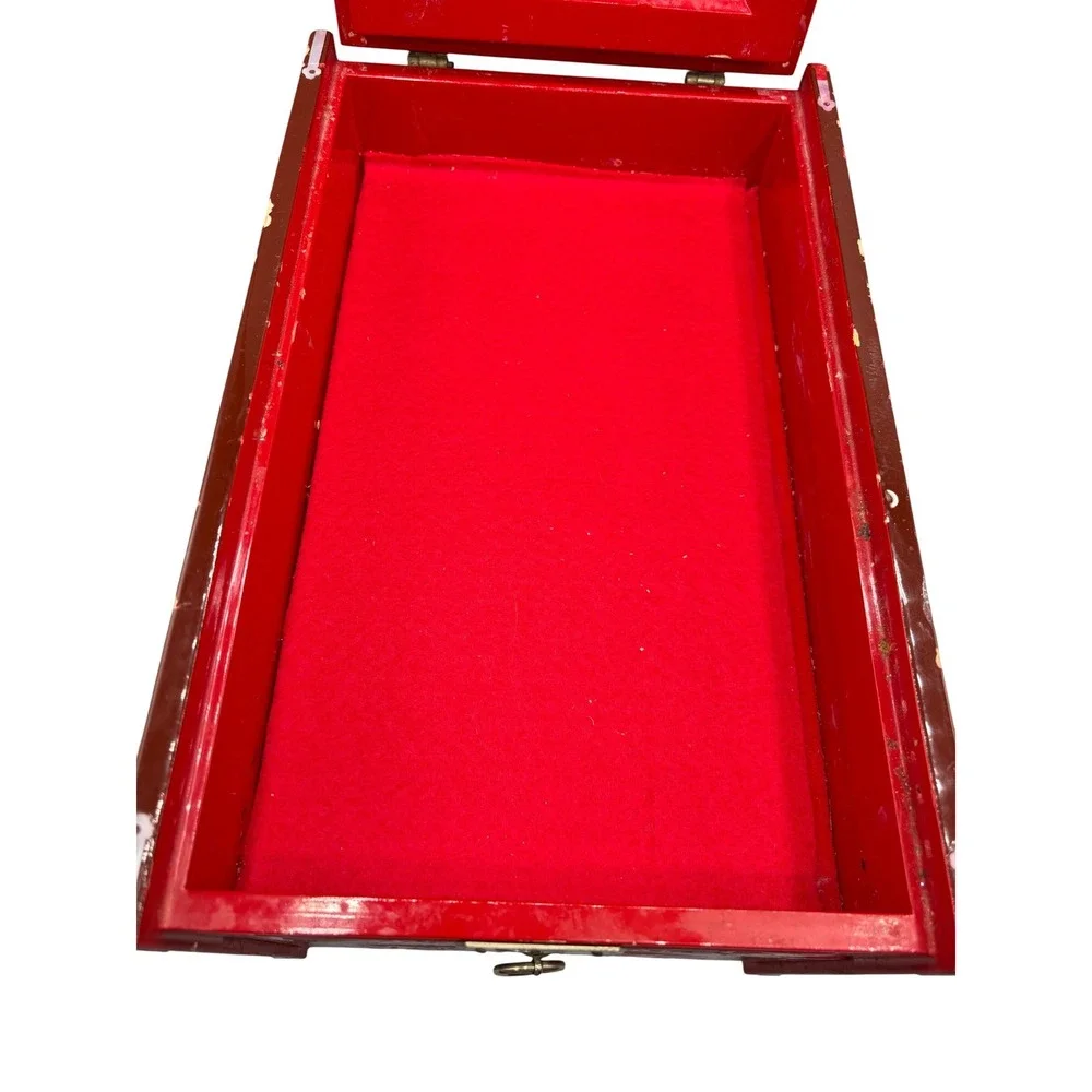 Vintage Red Lacquer Jewelry Box Sun‎ Moon Deer Inlay Brass Accents Asian
